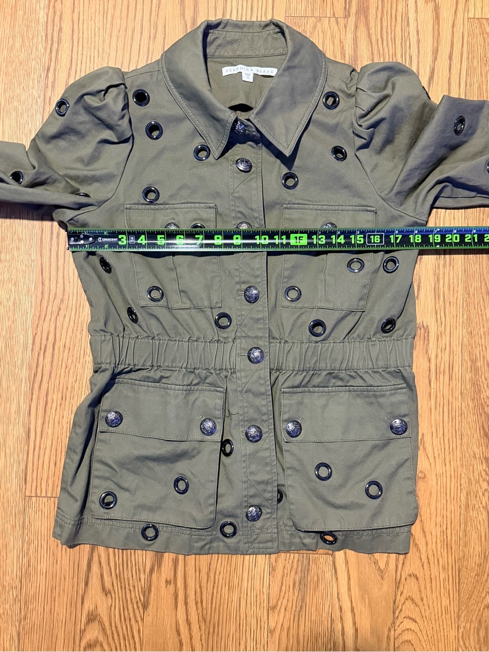 Veronica Beard Olive Grommet Military Utility Jacket Puff Sleeve Size 10 - Picture 4 of 11